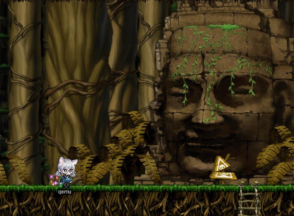 MapleLegendsのゲーム内で、キャラクター「qemu」が巨大な石の顔の前に立っています。 