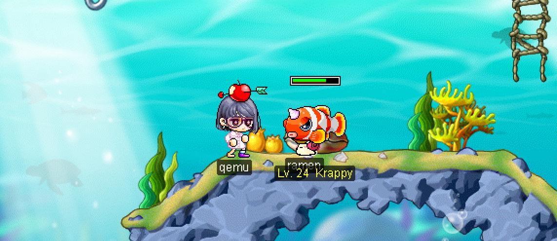 MapleLegendsのゲームプレイ画面で、キャラクター「qemu」とレベル24のモンスター「Krappy」が映っています。