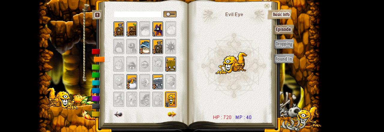 ゲーム「MapleLegends」のモンスターブックで「Evil Eye」のステータス（HP: 720, MP: 40）を確認している画面です。