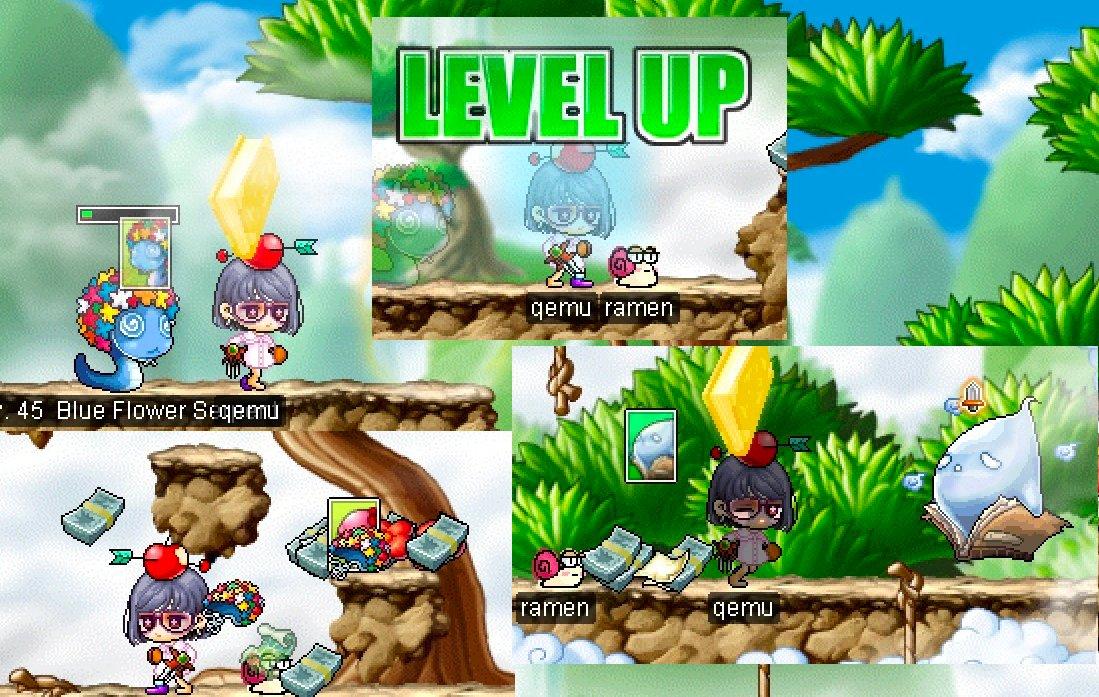 武陵のモンスターのカードがドロップ瞬間とqemuのレベルアップした瞬間が切り取られた画像