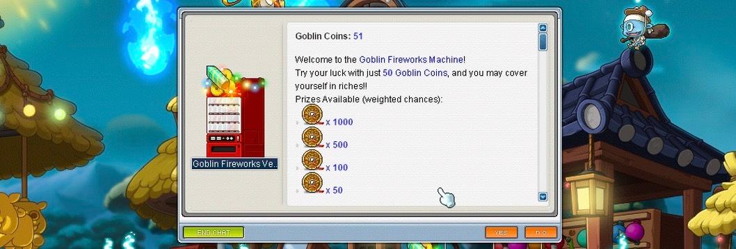 MapleLegendsのゴブリン花火マシーンで、50ゴブリンコインを消費して景品を狙う場面。