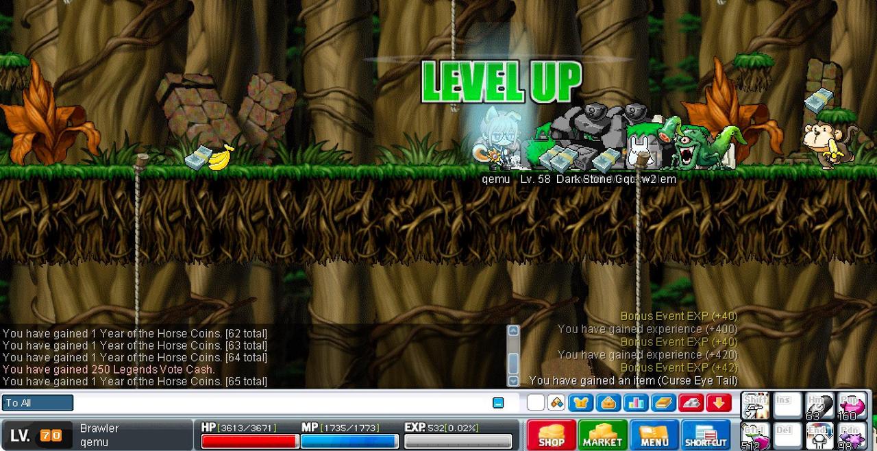 MapleLegendsで、ブローラーのキャラクター「qemu」がレベル70に到達しました。 