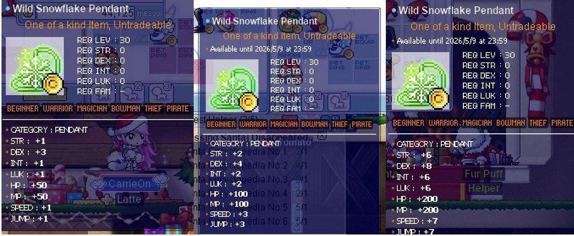 ステータスが異なる3つの「Wild Snowflake Pendant」を比較しているスクリーンショット。期限が20260509
