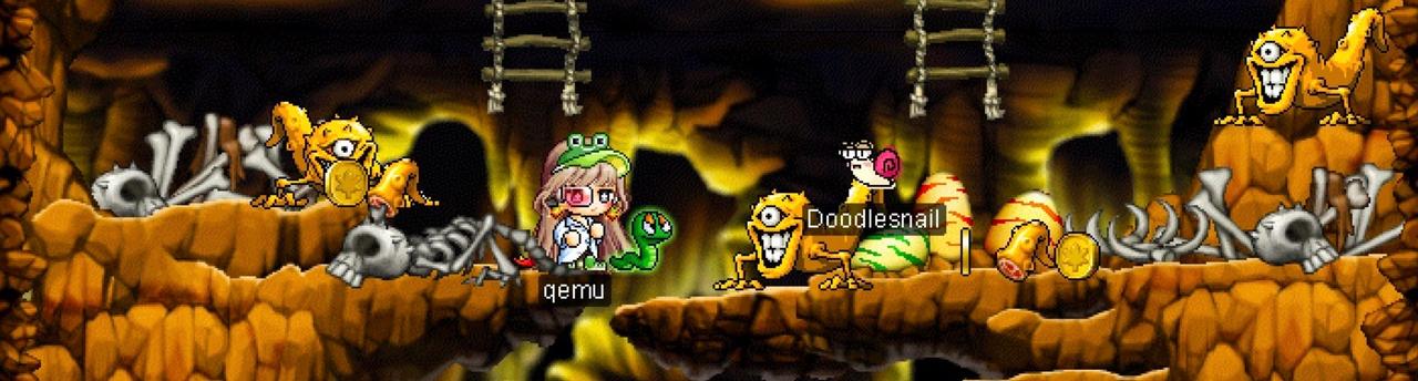ゲーム「MapleLegends」で、プレイヤー「qemu」がモンスターに囲まれている様子。