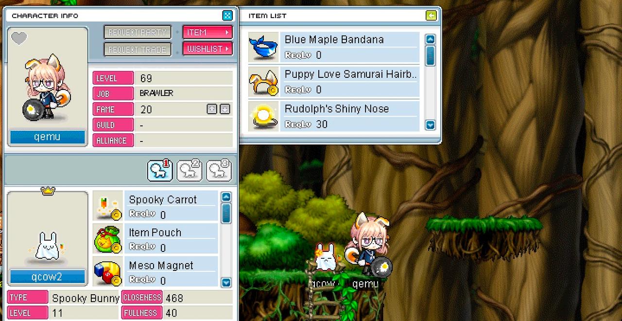 `MapleLegends`のキャラクター情報画面で、レベル69のブロウラー「qemu」のステータスとアイテムリストが表示されています。