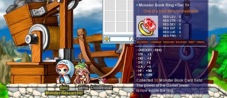 全ステータス+1、HP+50、MP+25の効果を持つ「モンスターブックリング<Tier 1>」のアイテム詳細。NPCが映っているが、名前はRino