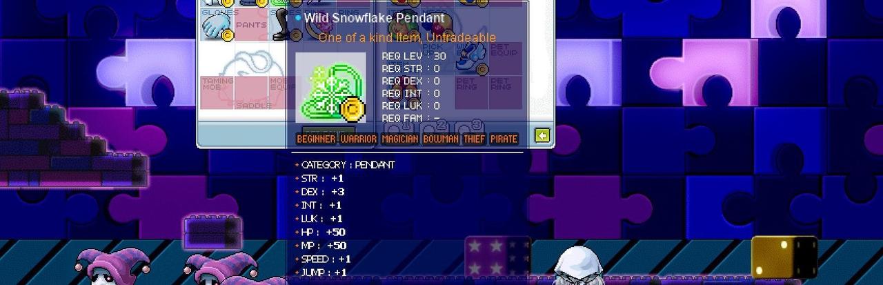 MapleLegendsのアイテム「Wild Snowflake Pendant」の詳細情報で、DEX+3、ほかALL1、HP/MP+50、speed/jump+1