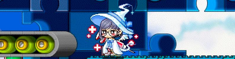 MapleLegendsのゲーム画面で、青い魔法使いの帽子をかぶったキャラクターが立っている。 