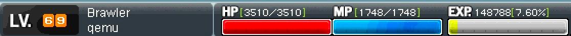 レベル69の`Brawler`「qemu」のHPは3510、MPは1748、経験値は7.60%です。 
