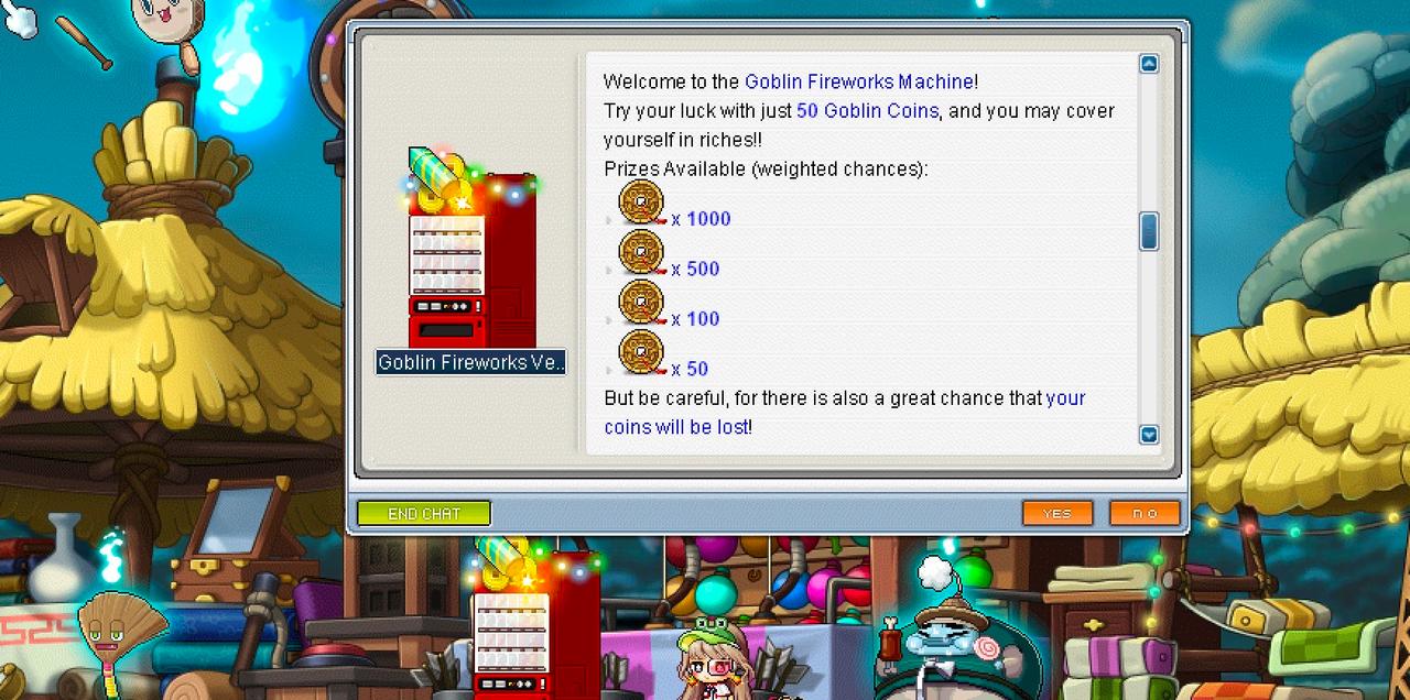 MapleLegendsの「Goblin Fireworks Machine」では、50ゴブリンコインを使い、最大1000コインの賞金を獲得するチャンスがあります。