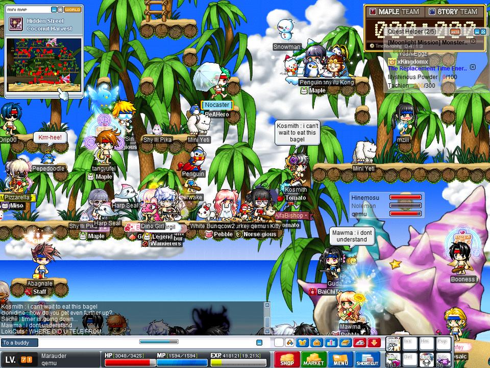 MapleLegendsのイベントマップに多くのプレイヤーが集まっている様子